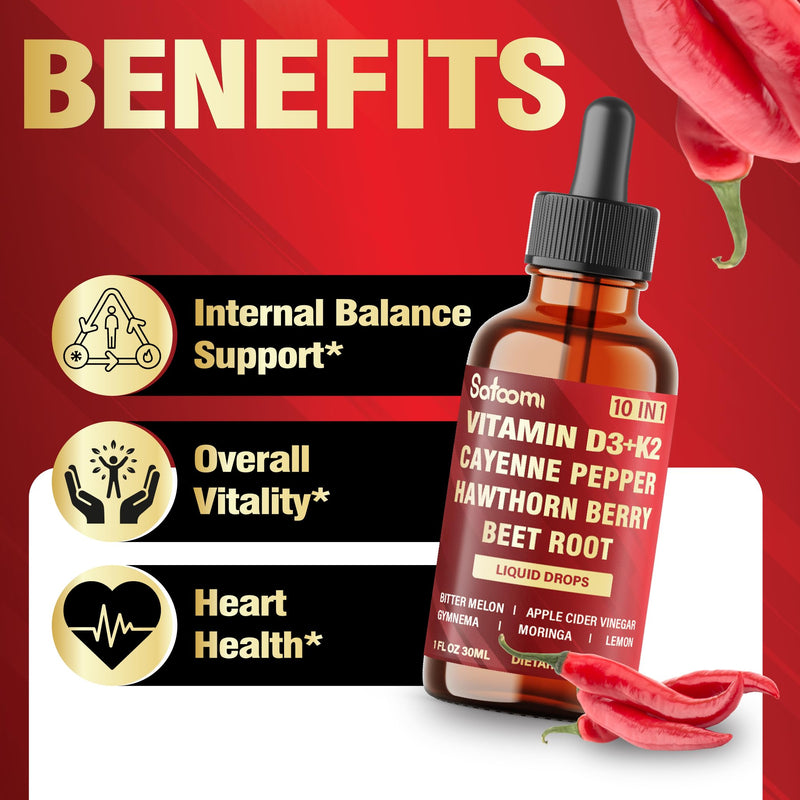 Satoomi 10in1 Cayenne Pepper Liquid Drops with Vitamin D3, Vitamin K2, Hawthorn Berry, Beet Root, Lemon, Apple Cider Vinegar, Gymnema, Moringa, Bitter Melon - Digestion Support - 30ml - 60 Day Supply
