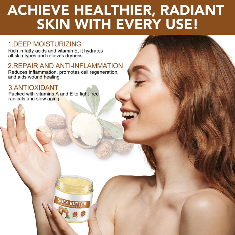 Raw Shea Butter Organic, Shea Butter for Body, Face & Hair Care, Pure & Unrefined Deep Moisturizing Natural Skin Hydration, Softening & Nourishing, Enriched with Vitamins A, E & F, 7.8 OZ