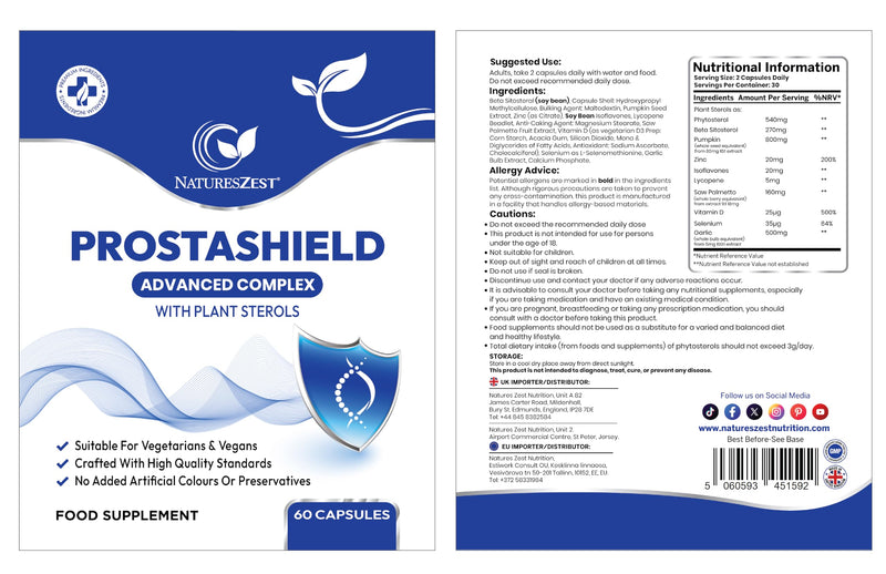 Prostashield Advanced Complex Men’s Health Supplement with Plant Sterols, Pumpkin, Zinc, Selenium & Vitamin D, Vegan Capsules for Immune & Men’s Vitality – 60 Capsules