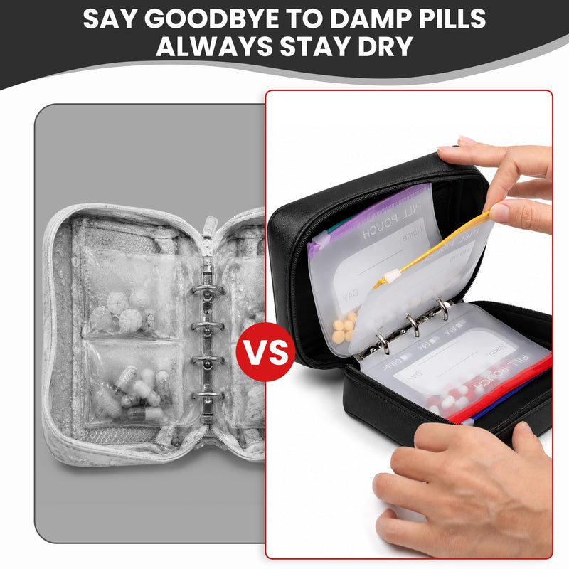 Waterproof Pill Organizer Set, 14 Pouches, Travel Storage Case (Black) | 14 Color-Coded Pouches, Waterproof PU Shell Leakproof Zippered Case, Lightweight for Daily Vitamins & Supplements