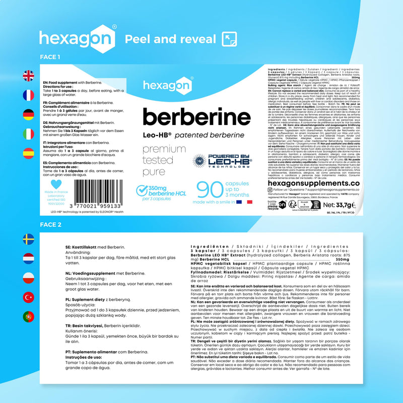 Berberine HCL with Patented Leo-HB® Technology - Up to 3-Month Supply - 4X Enhanced Absorption - Berberis Aristata Extract - 90 Vegan Capsules - Made in France - Hexagon