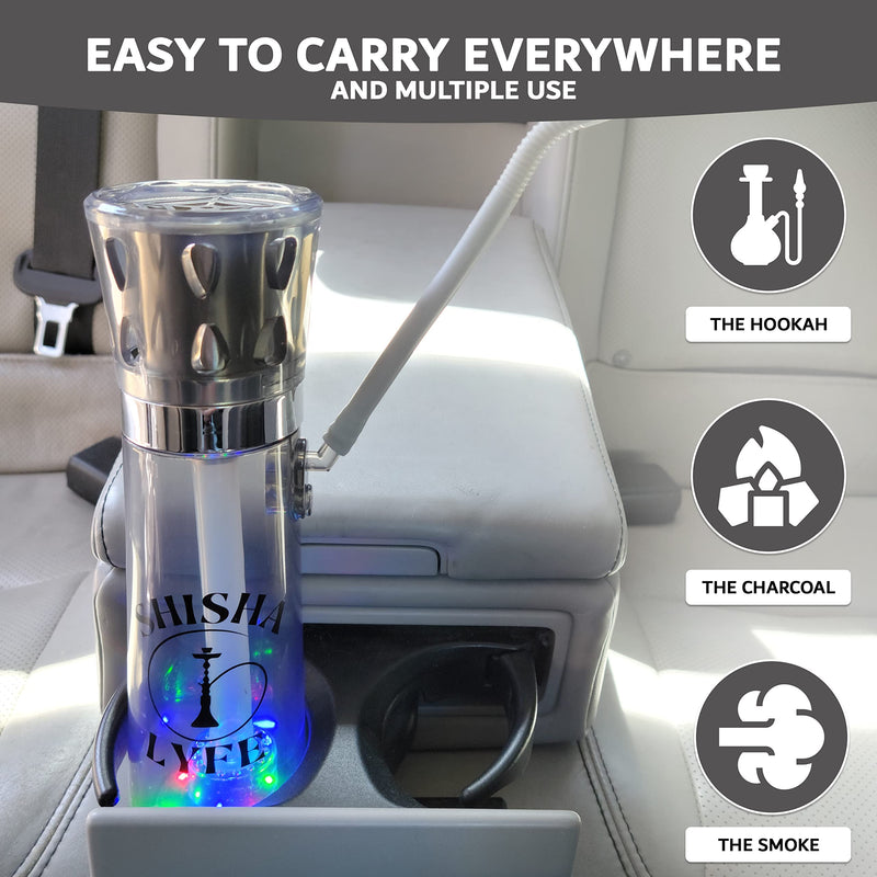 [Australia] - Portable Hookah Mini Cup Set - Transparent (Grey) Shisha for Car & Hookups with LED Lights, Silicone Hose Pipe, Anti-Scald, Charcoal Holder, Tongs, Reusable Straw, Case Cover Protection Grey 