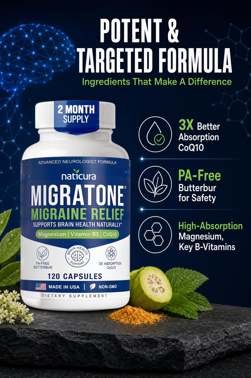 Naticura Migratone Migraine Relief with Magnesium Vitamin B2 Coq10 120 Caps | Magnesium Citrate, Riboflavin B2, B6, B12 & Feverfew for Daily Migraine Support, Brain Health, Vegan, Non-GMO, Made in USA 120 Count (Pack of 1)