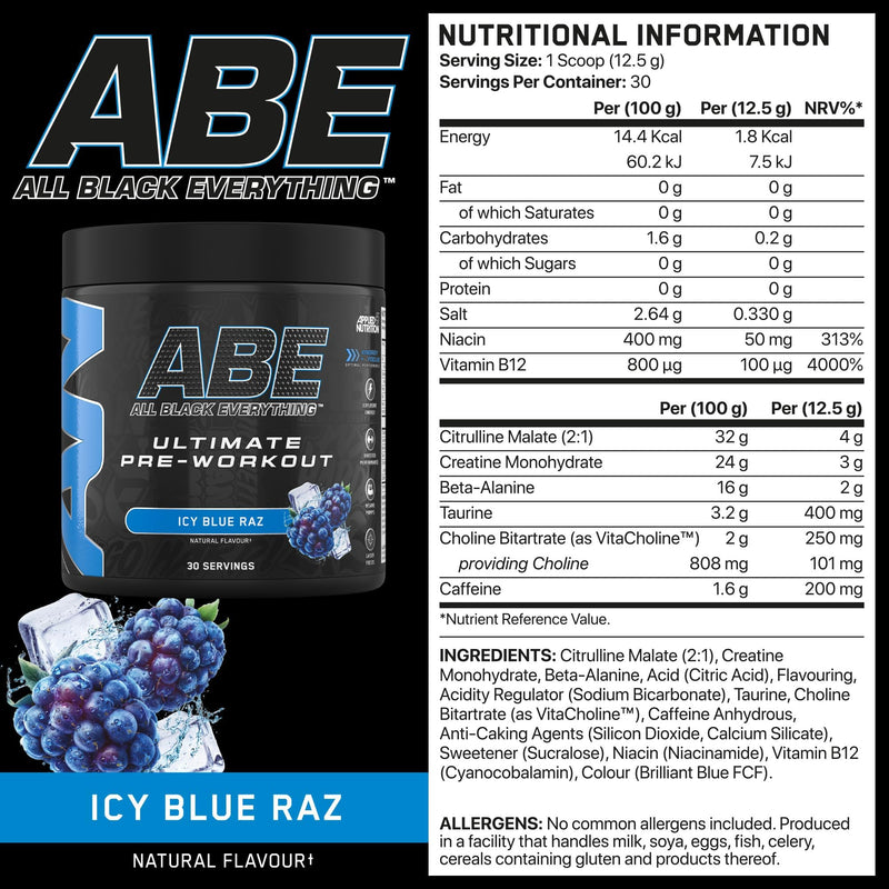 Applied Nutrition Bundle ABE Pre Workout 375g + 750ml Steel Protein Shaker | All Black Everything Pre Workout Powder, Energy & Physical Performance, Creatine, Beta Alanine (ICY Blue Raz) ICY Blue Raz