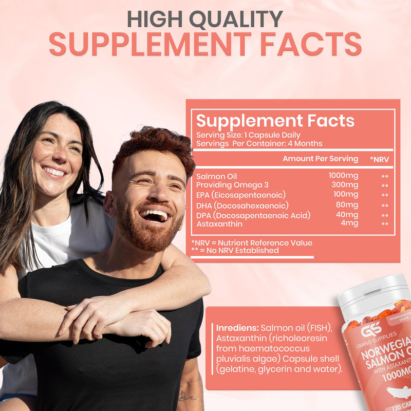 Norwegian Salmon Oil - 1000mg - 4 Months Supply - DHA,DPA,EPA & Astaxanthin - Omega 3 6 9 Capsules High Strength -Burpless Taste - 120 Days Supply