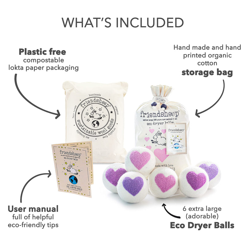 [Australia] - Friendsheep Organic Wool Dryer Balls Pink Purple Hearts 6 Pack XL Premium Reusable Cruelty Free Handmade Fair Trade No Lint Fabric Softener - Lovely Day 