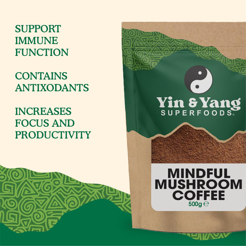 Mushroom Coffee 500g, by Yin & Yang Superfoods (100 Servings), Boost Focus & Immunity | Reishi, Lion's Mane, Brazilian Arabica Instant Coffee | Antioxidant Rich 500 g (Pack of 1)