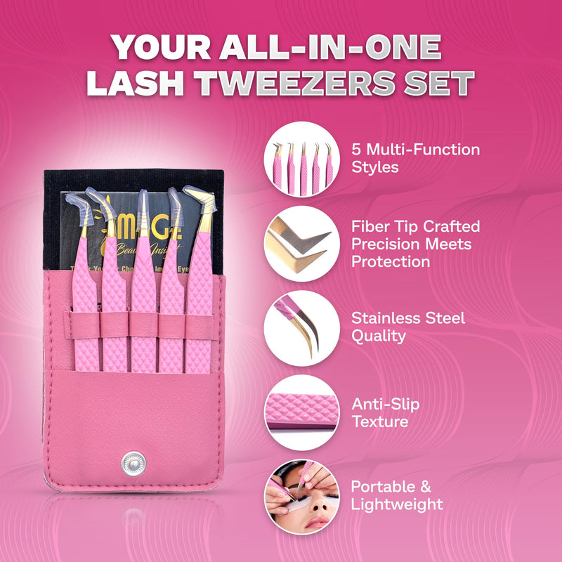 5 Pcs Fiber-Tip Japanese Steel Lash Tweezer Set with Leather Case, Professional Eyelash Tweezers for Lash Extensions – Titanium Coated, 90 & 45 Angled, Precision Pointed Tweezers (PINK) Pink
