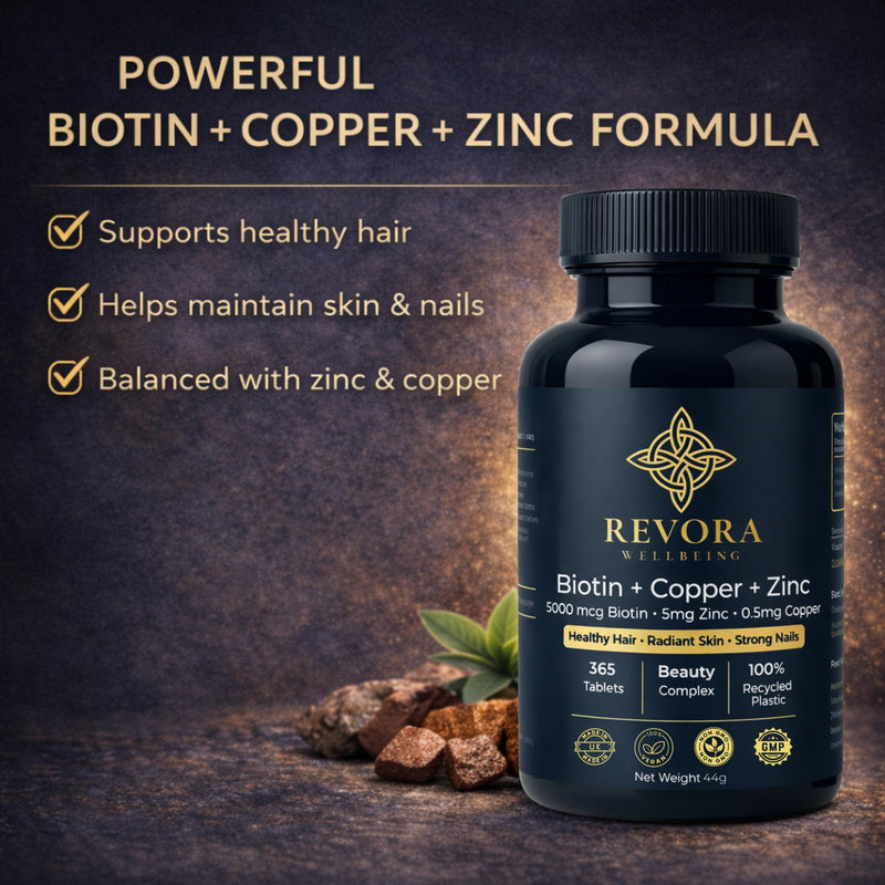 Biotin 5000mcg (Vitamin B7) with Zinc & Copper Tablets, 1 Year Supply, 365 Tablets, Hair Skin & Nails Support, High Strength Biotin Supplement, UK Made Vegan