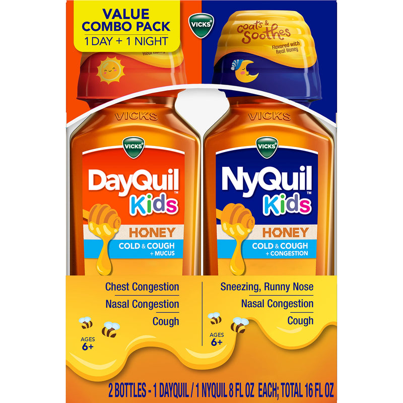 VICKS Kids DayQuil & NyQuil Honey Cold & Cough + Congestion Relief Co-Pack for Nighttime & Daytime Cough & Congestion, Flavored with Real Honey, for Children Ages 6+, 2-8 OZ Bottles