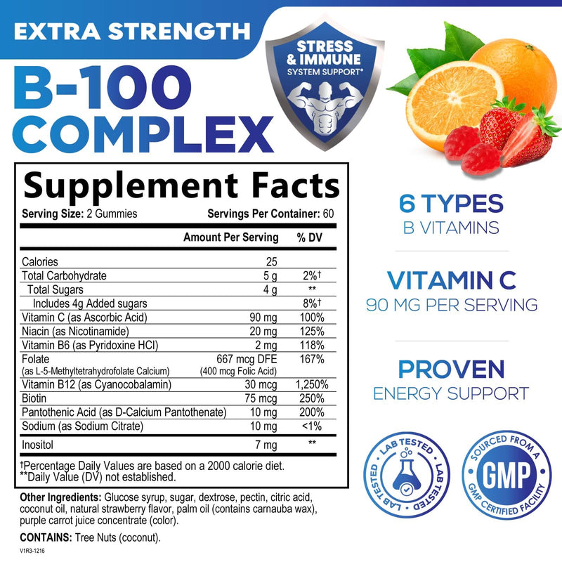Vitamin B Complex Gummies - Extra Strength Super B Vitamin Gummy with Vitamin C, Immune Support for Men & Women - Energy and Brain Support Supplements with Folic Acid, Niacin, B6, B12 - 120 Gummies 120 Count (Pack of 1)