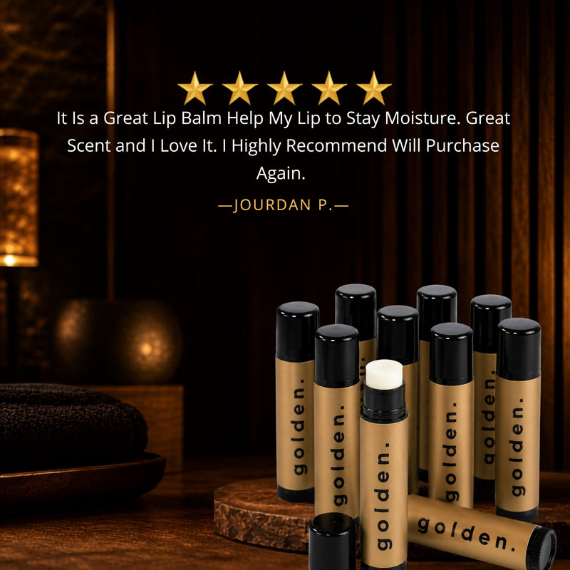 Golden Grooming Co. Lip Balm Set for Men - Soothing & Moisturizing Lip Balms for Dry, Cracked, Chapped Lips - Infused with Aloe Vera & Vitamin E - Vanilla Scent - Pack of 10