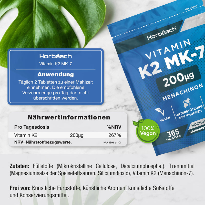 [Australia] - Vitamin K2 MK7 200ug | 365 Vegan Tablets | High-dose menaquinone MK-7 | by Horbaach 