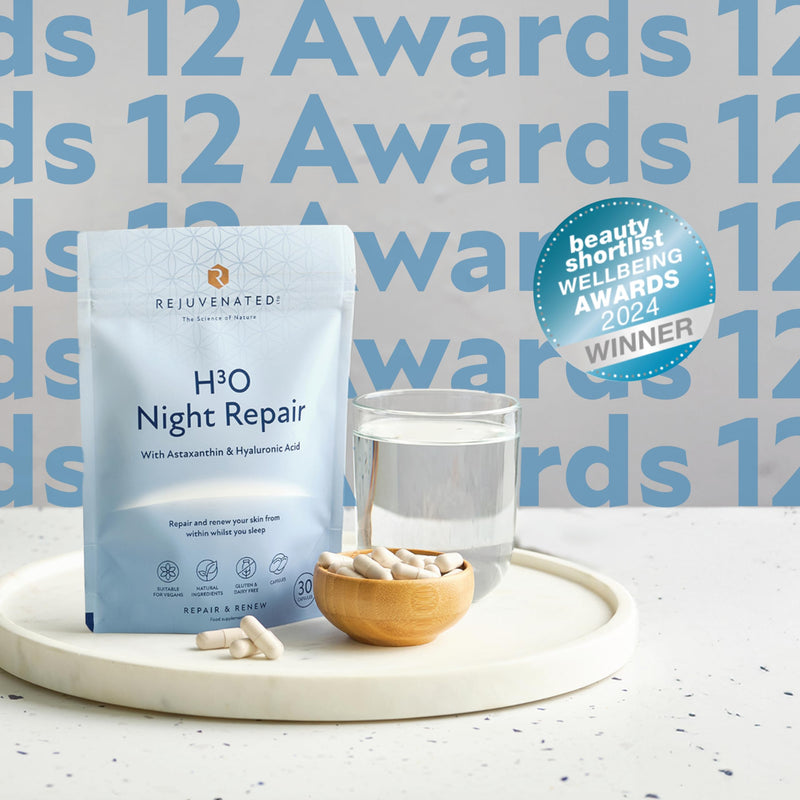 Rejuvenated H3O Night Repair - Antioxidants, Vitamins & Hyaluronic Acid Blend for Skin Hydration & Repair During Sleep with Astaxanthin & Hyaluronic Acid (30 Capsules) H30 Night Repair 30 count (Pack of 1)
