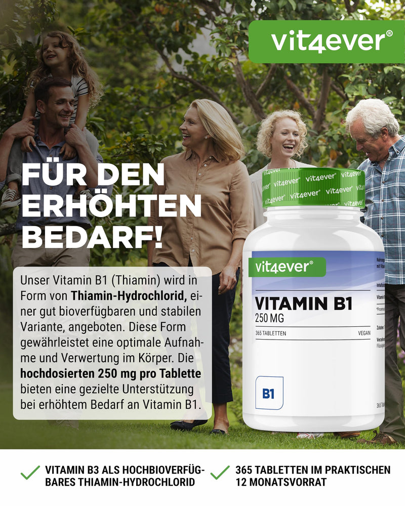[Australia] - Vitamin B1 (Thiamine) - 250 mg - 365 tablets - Premium: Thiamine Hydrochloride - High bioavailability - 12 month supply - No unwanted additives - Vegan 