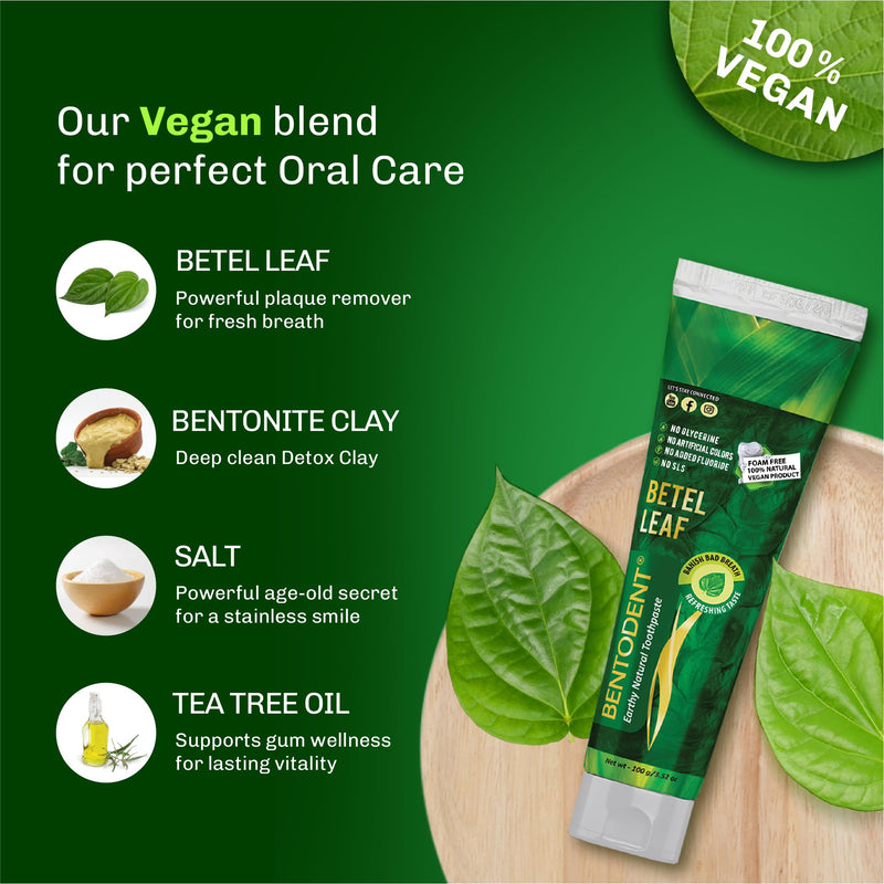 [Australia] - Bentodent Fluoride Free Remineralizing Calcium Bentonite Clay Natural Toothpaste-Certified Organic Ingredients-SLS Free,Vegan, Sensitive and Teeth Whitening - Adult & Kids (Betel Leaf) 