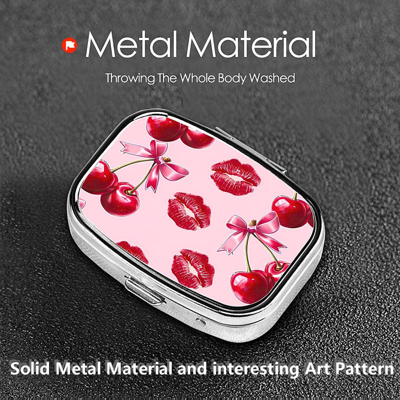 ABLESKY Pill Box, 2 Compartment Pill Organizer Case for Pocket or Purse, Small Portable Metal Travel Medicine Box with Mirror, Daily Vitamins Fish Oil Container-Cherry Pink Bow with Red Lips Cherry Pink Bow With Red Lips
