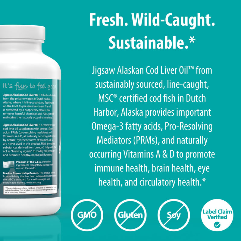 [Australia] - Jigsaw Health Alaskan Cod Liver Oil | 900 mg Omega-3s with EPA, DHA, and DPA | Includes Naturally Occuring Vitamins A & D | 180 Softgels | 60 Servings 