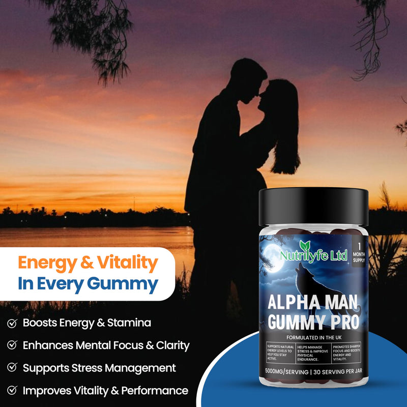 Alpha Man Gummy Pro – 5000mg High Strength Energy, Stamina & Vitality Gummies for Men with Maca, Ashwagandha, Rhodiola, Ginseng & Shilajit | Vegan Food Supplement | 60 Gummies
