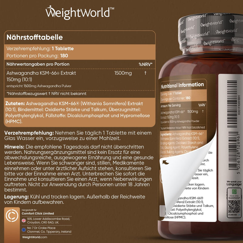 [Australia] - Ashwagandha KSM-66-1500mg Ashwagandha per day - High dosage - 6 month supply with 180 vegan tablets - Alternative to capsules & powder - Withania Somnifera from WeightWorld 