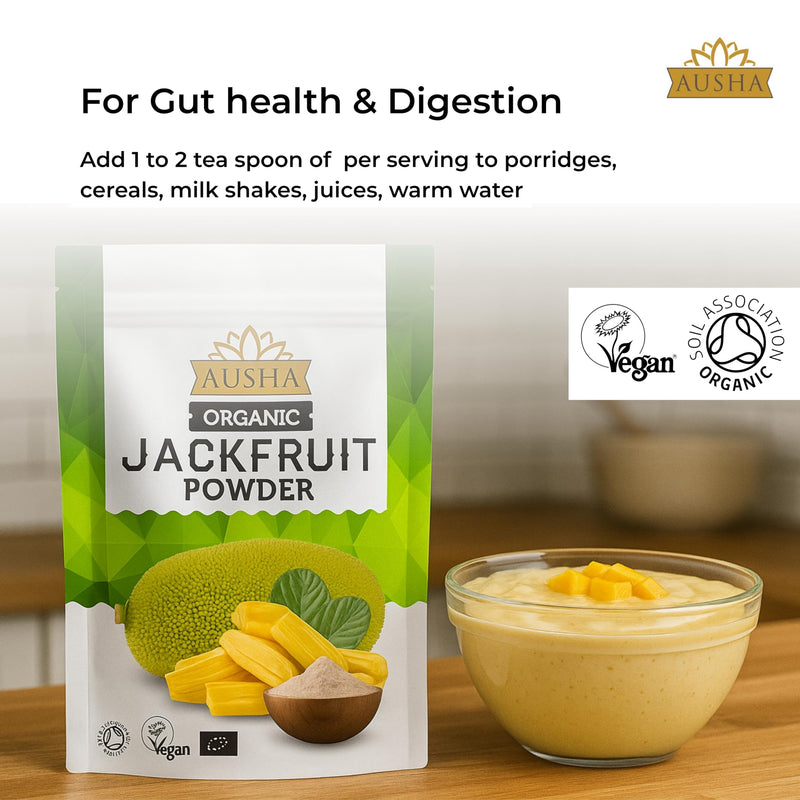 Ausha Organic Green Jackfruit Powder 250g - UK Certified Organic by Soil Association - Gut Health, Fibre, Gluten Free - Add to Cereals, Smoothies, Juices, Porridge, Baking Organic Jackfruit Powder 250g