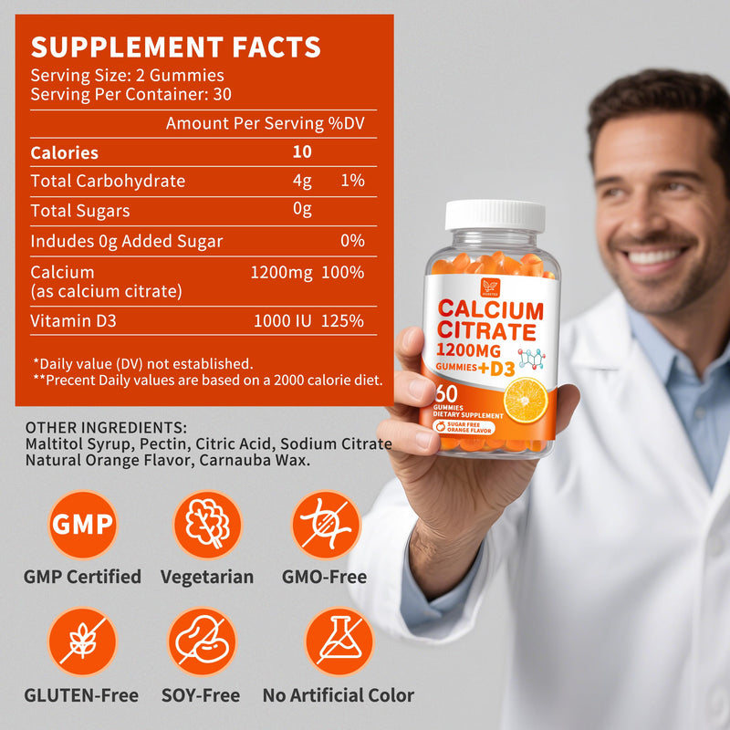 (3 Pack) Calcium Citrate 1200 mg with Vitamin D3 Gummies for Women & Men,Calcium Supplements,High Absorption for Bone Muscle Healthy - Easy to Digest, Sugar Free,Vegan,Orang Flavor,60 Day Supply 60 Count (Pack of 3)