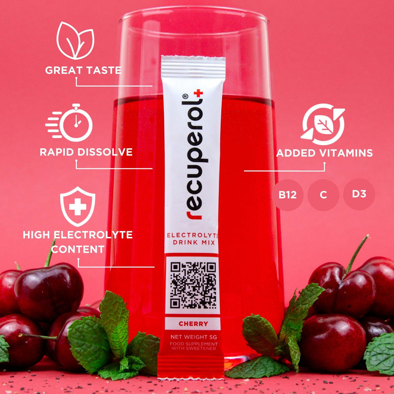 Recuperol Electrolytes Sachets - Rehydration Electrolytes Powder with Zinc, Vitamin C, B12, D3 & Potassium for Hydration - Sugar Free, Vegan & Low Calorie - Cherry 20 Pack