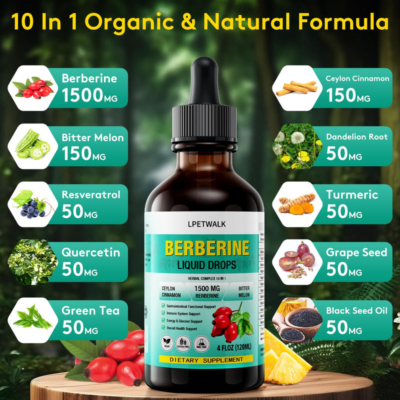 [Australia] - 4 FL Oz Organic Berberine Liquid Drops - Premium Berberine Supplement with Ceylon Cinnamon, Bitter Melon, Sugar-Free & Vegan Supplement Berberine Leaves Liquid, 98% Absorption - 120ML 