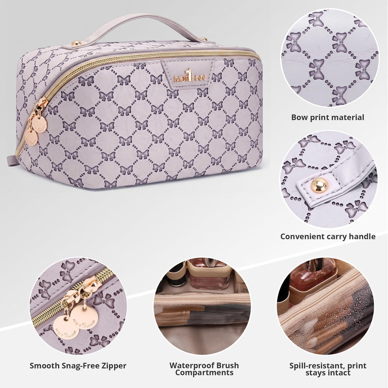 Travel Makeup Bags for Women: 3 Pcs Set Luxury Bow Print Make up Bag - Large Capacity Cute Cosmetic Case - 3–15 Day Travel Toiletry Organizer Bag, Comes with An Gift Box(Moon mist gray) 07 Moon mist gray
