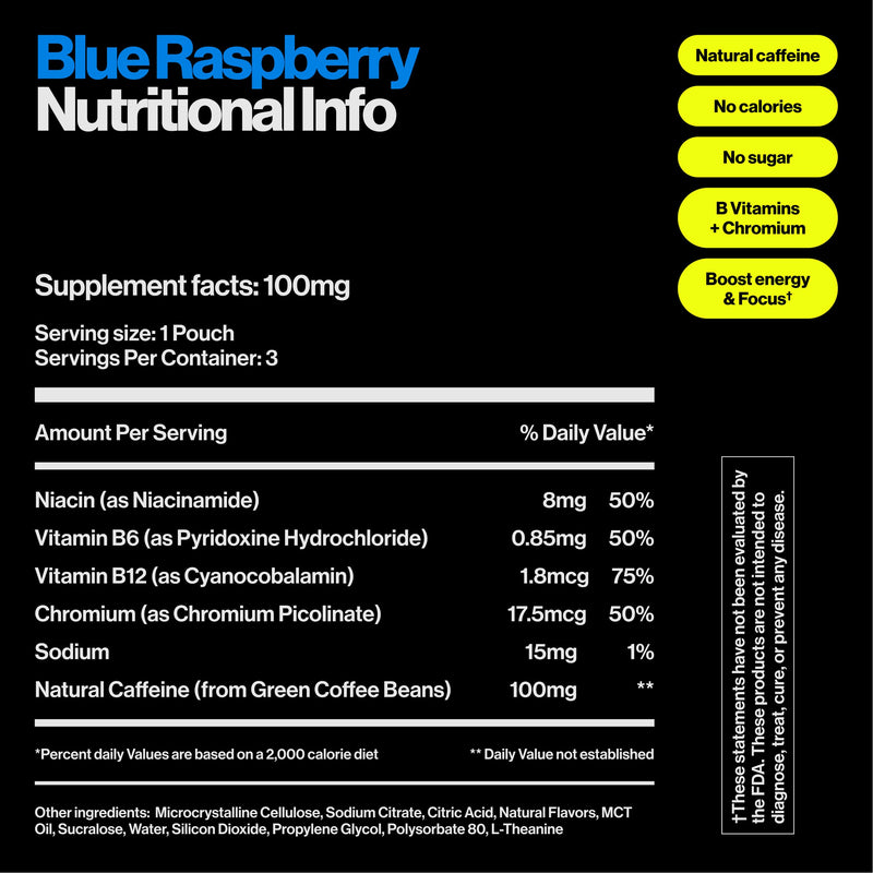 Wip Energy Pouches, Travel Packs, Sugar Free, 100mg Natural Caffeine, B Vitamins, Minerals, L-Theanine, Energy Support, 10 Packs 3 Pouches Each (Blue Raspberry) Blue Raspberry