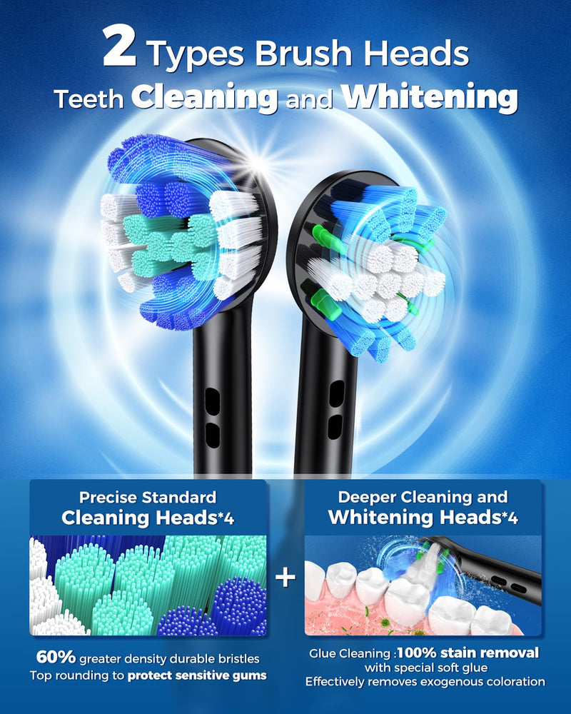 [Australia] - Rotating Electric Toothbrush for Adults with 8 Brush Heads (2 Types), 4 Modes Deep Clean Electric Toothbrush with Rechargeable Power and 2 Min Smart Timer, Fast Charge (Black) Black 