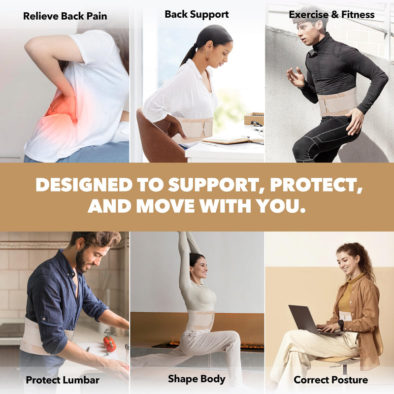 [Australia] - Slim Fit Lower Back Brace – Ultra-Thin Ergonomic H-Shaped Resin Support, Seamless Design for Strong & Comfortable Lumbar Support, Lightweight & Discreet Back Brace (Beige, Large) Beige 