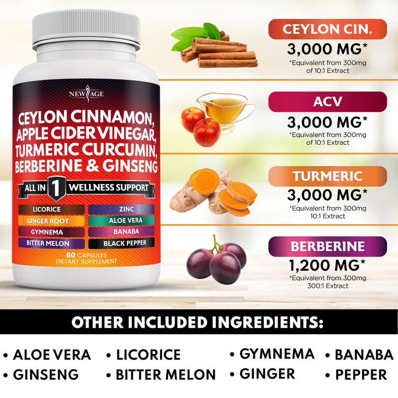 [Australia] - Ceylon Cinnamon 3000mg Turmeric 3000mg Apple Cider Vinegar 3000mg Ginseng 2000mg Aloe Vera 2000mg Berberine 1200mg Plus Banaba, Ginger Root - 120 Count 120 Capsules (Pack of 2) 