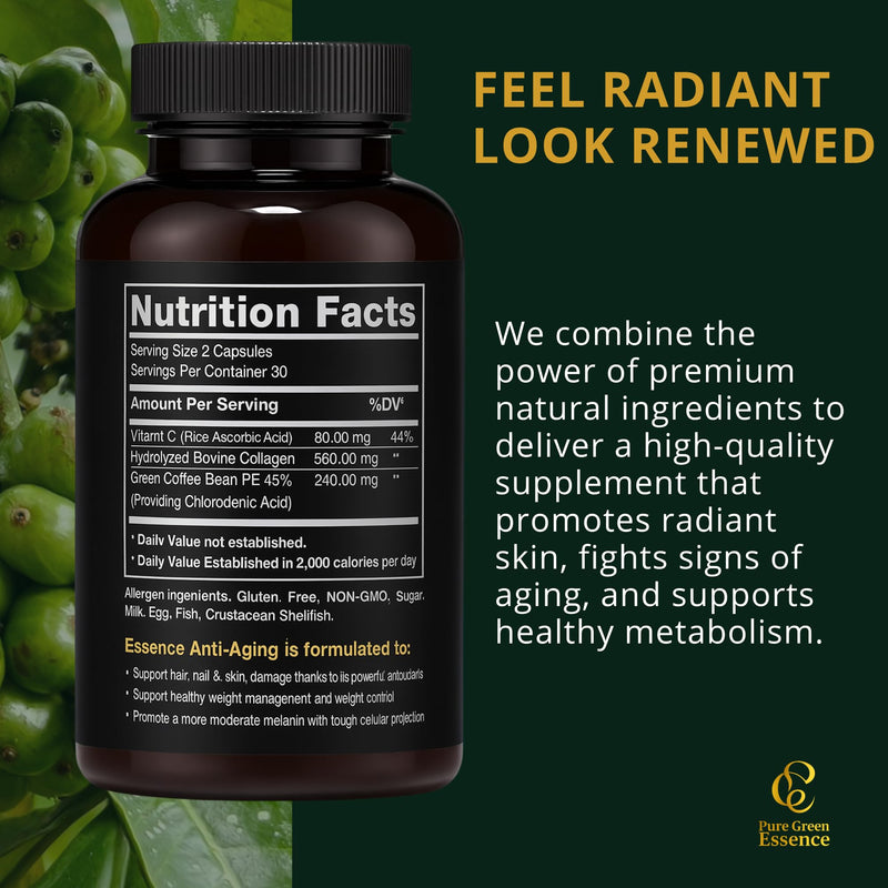 Anti-Aging with Colombian Green Coffee Extract, Hydrolyzed Collagen, and Vitamin C (60 Capsules)