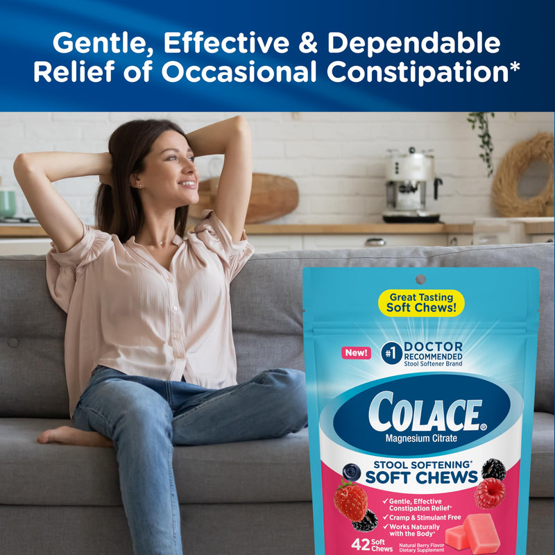 [Australia] - Colace Stool Softener Soft Chews, Gentle Constipation Relief, No.1 Doctor Recommended Stool Softener Brand, 42 Mixed Berry Chews (Pack of 2) 42 Count (Pack of 2) 