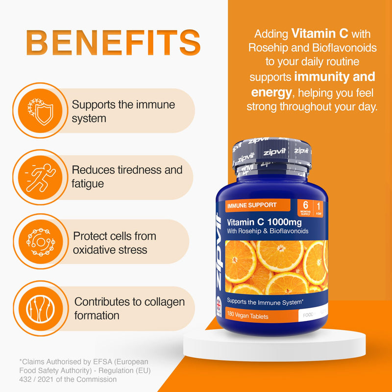 Zipvit Vitamin C 1000mg, 180 High Strength Vitamin C Tablets with Rosehip & Bioflavonoids, Vegan VIT C Supplement, Supports The Immune System and Reduction of Tiredness and Fatigue 180 Tablets - Jar