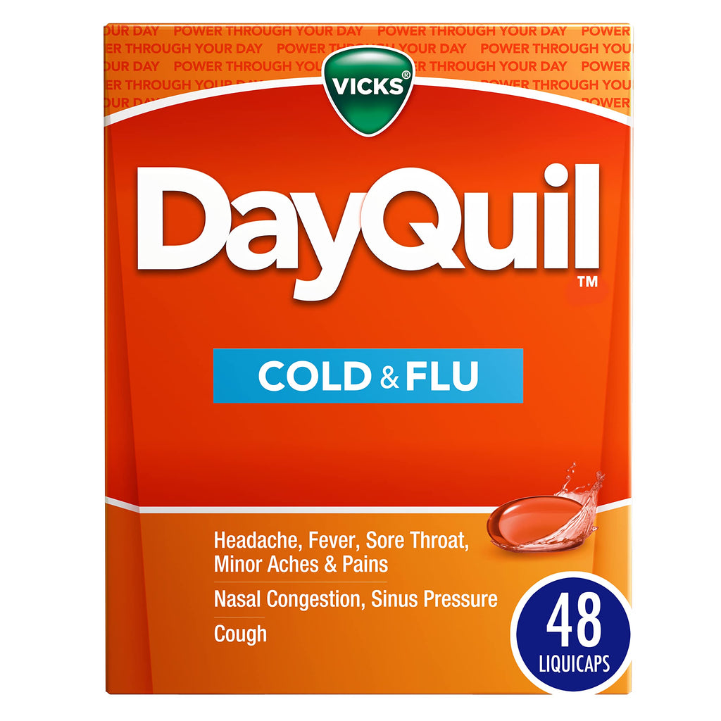 Vicks DayQuil Cold & Flu Medicine, Non-Drowsy Powerful Multi-Symptom Daytime Relief for Headache, Fever, Sore Throat, Minor Aches and Pains, Nasal Congestion, Sinus Pressure and Cough, 48 Liquicaps 48 Count (Pack of 1)