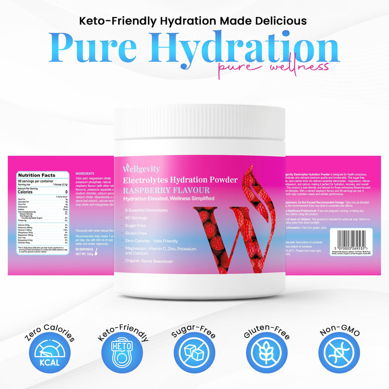 Raspberry Electrolytes Powder – 90 Servings, Sugar Free Electrolyte Hydration Drink, Keto, Electrolyte Powder for Hydration & Keto Fasting – Sugar Free Electrolytes Drink. 333g