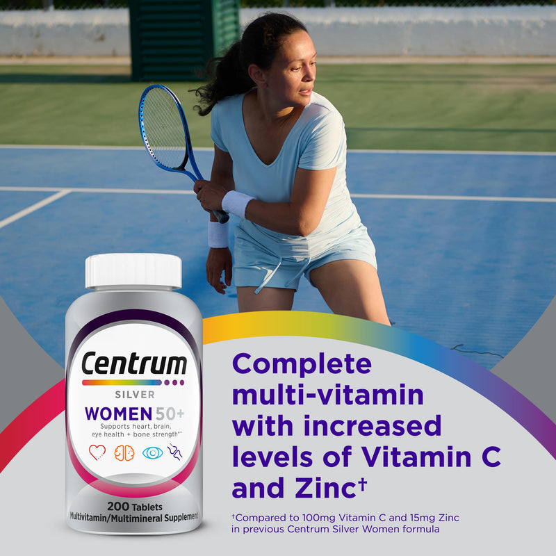 Centrum Silver Women's Multivitamin for Women 50 and Over, 200 Tablets | Contains Vitamin D3, B Vitamins, Calcium, and Antioxidants, Non-GMO Ingredients, Supports Memory and Cognition, GLP-1 Support