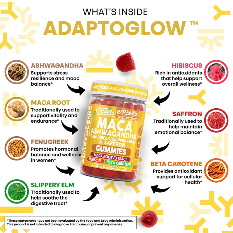 Clean Nutra Maca Root Gummies Ashwagandha Fenugreek Slippery Elm Saffron Hibiscus Beta Carotene Vitamin A for Women Macaroot Extract 60 Gummies Vegan Adaptogen Supplement Gummy Non GMO