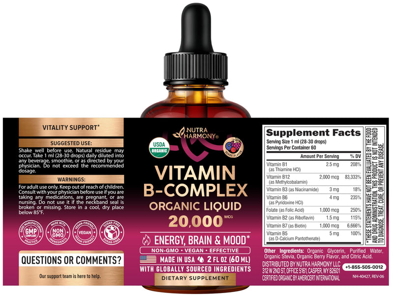 USDA Organic Vitamin B-Complex 20000mcg - B5, B12, B1, B6, B7, B9, B3 - 2Oz | B Complex Liquid Drops - Pantothenic Acid, Methylcobalamin, Thiamine, Pyridoxine, Biotin, Folic, Niacinamide - Berry Flavor B-Complex 2oz