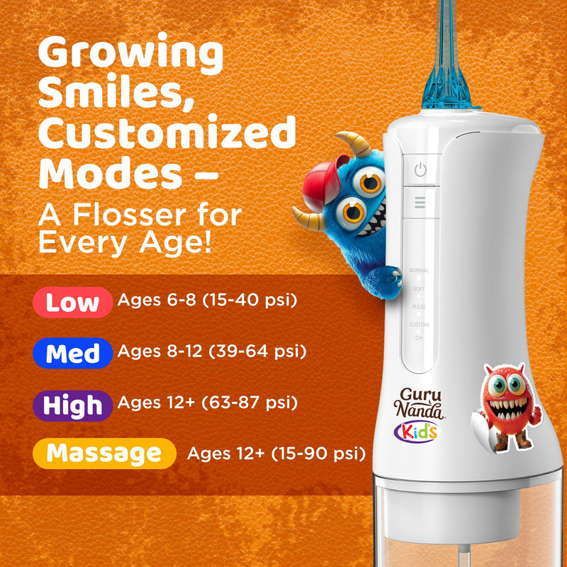 [Australia] - GuruNanda Kids Water Dental Flosser - 4 Flossing Modes, 4 Nozzles, 2-Min Smart Timer, Ages 6+, Monster Frens Theme, Portable Oral Care for Kids 