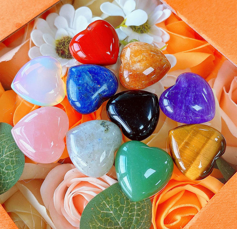 [Australia] - 10 PCS 0.8 * 0.8 Inches Thicken Heart Crystals Amethyst Natural Healing Crystal Polished Hearts Carved Stones Rose Quartz Palm Gemstones Reiki Energy Balancing Worry Stone Meditation Love Gift A - Multicolor Crystals 10 PCS 