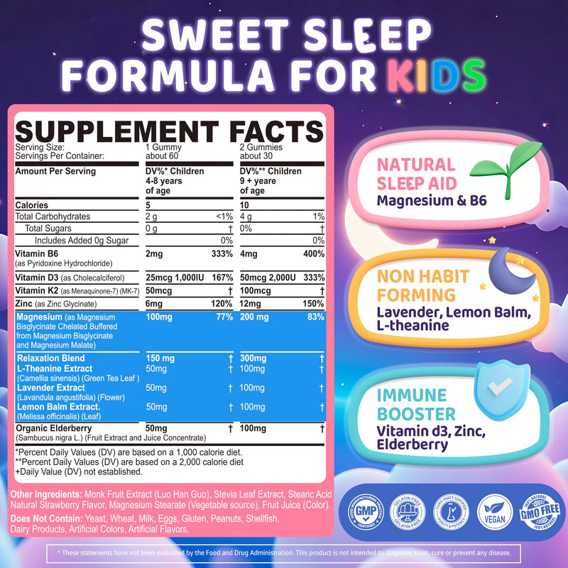 Kids Sleep Gummies, NO Melatonin Sleep Aid Gummies w/ Magnesium Glycinate, Magnesium Malate, L-Theanine, Lavender, B6, Zinc, D3K2 for Restful Sleep, Relax Brain & Muscle, Immune Support, Non-GMO 2Pack 60 Count (Pack of 2)