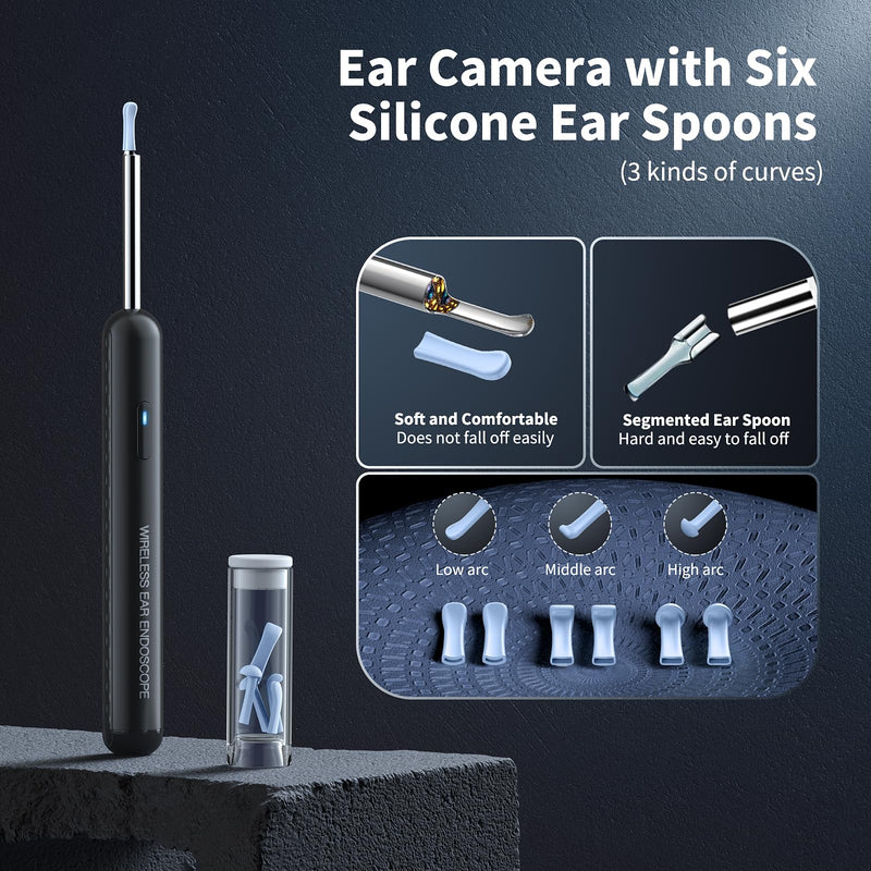 [Australia] - Ear Wax Removal, Ear Cleaner with Camera and Light, Ear Wax Removal Kit with 8 Pcs Set, Ear Wax Removal Tool Camera with 1080P, Ear Cleaning Kit with 6 Spoons, Ear Camera for iOS & Android (Black) Black 