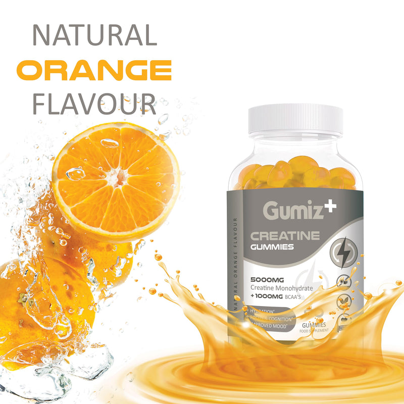Max 5000mg Creatine Monohydrate Gummies, Added 1000mg BCAAs, Premium Pre-Workout, Gym Supplement | 90 Gummies - 1 Month Supply | Orange Flavour | Vegan & Sugar-Free