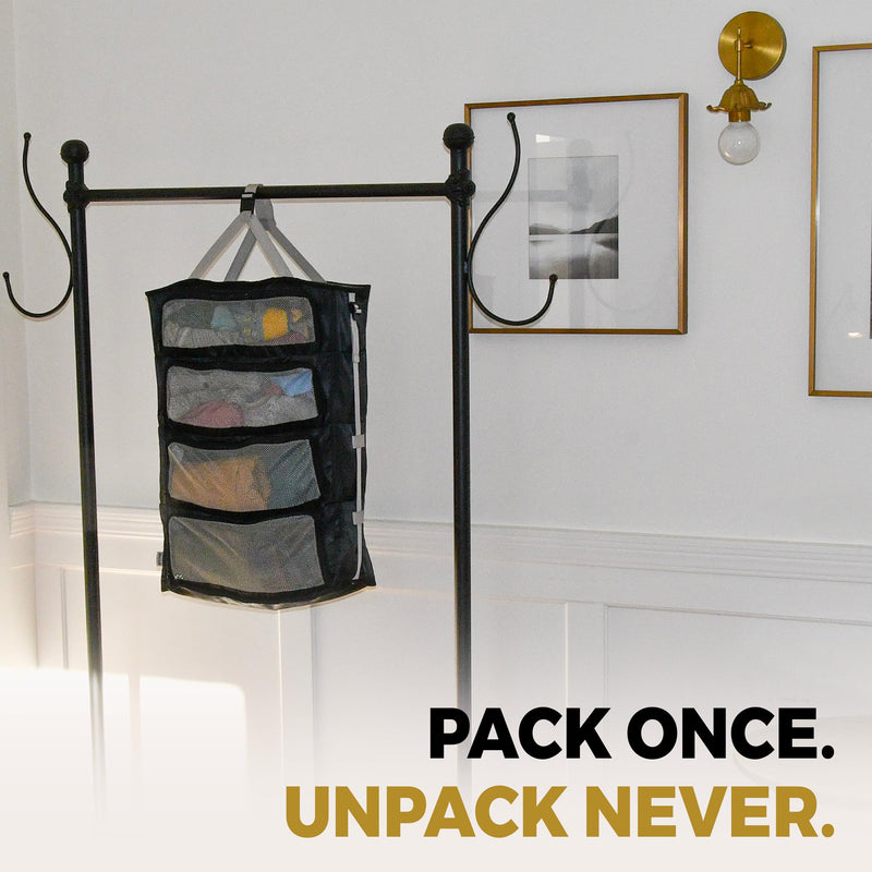 Hanging Suitcase Organizer – Instant Travel Closet with Built-In Compression | 4-Compartment Wardrobe Packing Cubes for Carry-On & Checked Luggage | Travel Essentials for Men & Women