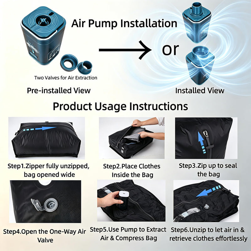 LONGHIKER Travel Vacuum Bags with Pump – Reusable Airless Space Saver Vacuum Storage Bags Compression Bag for Carry-On Suitcase & Backpack, IPX8 Waterproof TPU Vacuum Seal Bags for Clothing(1PC-34L) Black with Pump