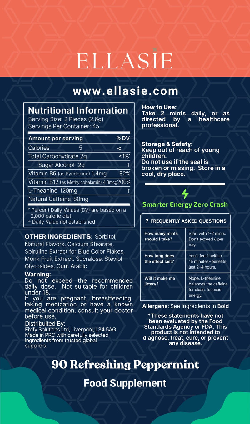 NeuroCharge Bullet Mint Chews (Gum Alternative) Peppermint 90 Sugar Free | 80mg Natural Caffeine + 120mg L-Theanine per Serving | Vitamin B12 & B6 | Work Study Gym Gaming | Ellasie