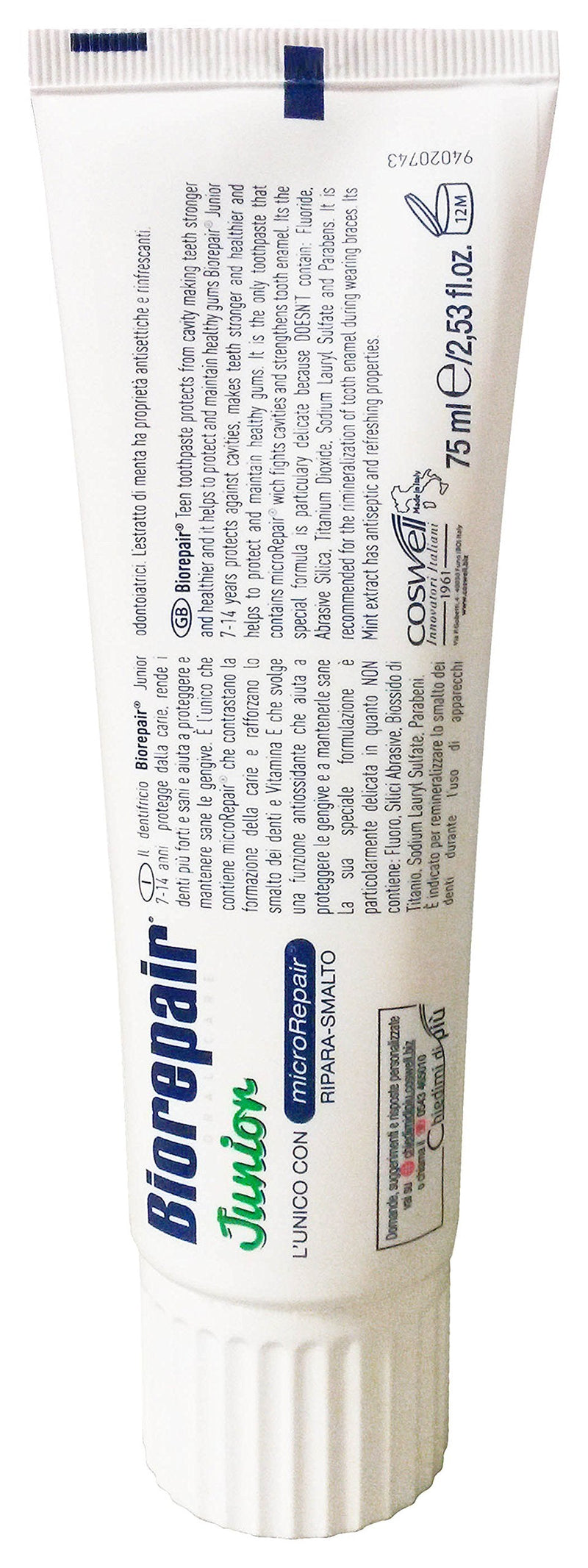 Biorepair: Oral Care Junior 7-14 Years Toothpaste, Fluoride Free, with Mint Extract - 2.53 Fluid Ounces (75ml) Tubes (Pack of 3) [ Italian Import ]